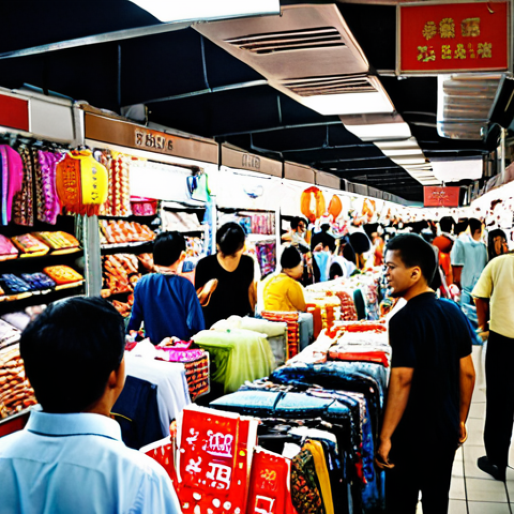 **A bustling Malaysian market scene:** Focus on Petaling Street Market (Chinatown) in Kuala Lumpur. Capture the energy and chaos of the market, overflowing with clothes, shoes, bags, souvenirs, and electronics. Emphasize the low prices and the possibility of finding fake brand-name goods.