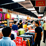 **A bustling Malaysian market scene:** Focus on Petaling Street Market (Chinatown) in Kuala Lumpur. Capture the energy and chaos of the market, overflowing with clothes, shoes, bags, souvenirs, and electronics. Emphasize the low prices and the possibility of finding fake brand-name goods.