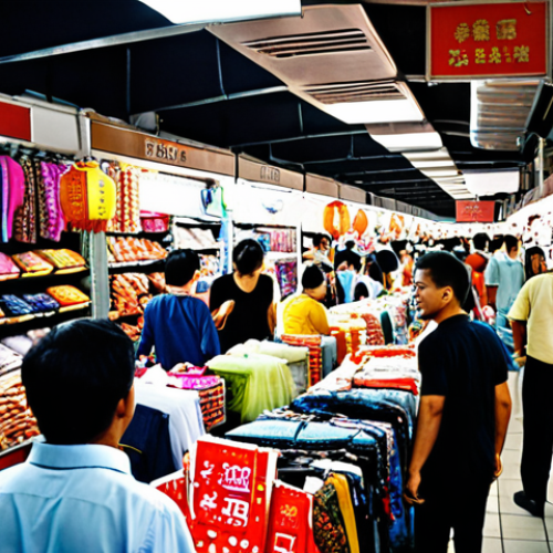 Home 11 **A bustling Malaysian market scene:** Focus on Petaling Street Market (Chinatown) in Kuala Lumpur. Capture the energy and chaos of the market, overflowing with clothes, shoes, bags, souvenirs, and electronics. Emphasize the low prices and the possibility of finding fake brand-name goods.