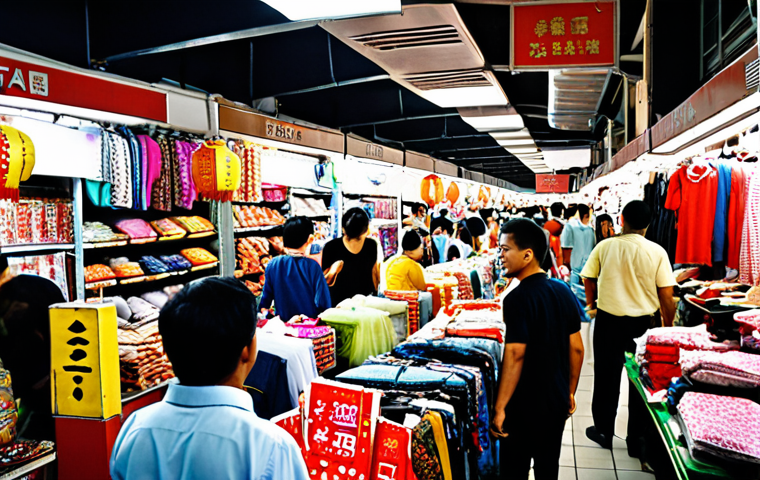 **A bustling Malaysian market scene:** Focus on Petaling Street Market (Chinatown) in Kuala Lumpur. Capture the energy and chaos of the market, overflowing with clothes, shoes, bags, souvenirs, and electronics. Emphasize the low prices and the possibility of finding fake brand-name goods.
