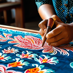 A Malaysian batik artist, wearing traditional, modest clothing, meticulously hand-drawing intricate wax patterns onto a piece of vibrant fabric within a sunlit, traditional workshop. The scene showcases the delicate artistry and rich cultural heritage, with various colored dyes and unfinished batik cloths in the background. The focus is on the artist's skilled hands and the detailed patterns. safe for work, appropriate content, fully clothed, professional, perfect anatomy, correct proportions, natural pose, well-formed hands, proper finger count, natural body proportions, high-quality photography, intricate details, vibrant colors.