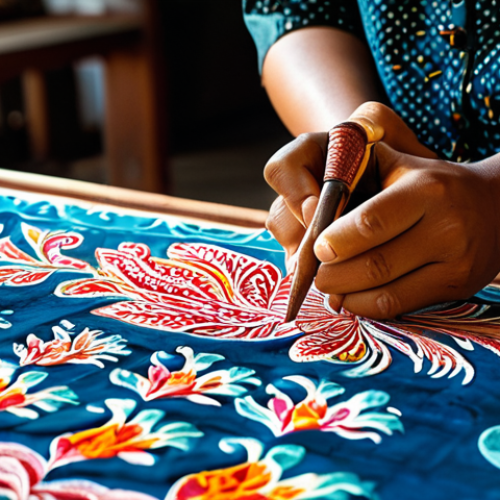 Home 6 A Malaysian batik artist, wearing traditional, modest clothing, meticulously hand-drawing intricate wax patterns onto a piece of vibrant fabric within a sunlit, traditional workshop. The scene showcases the delicate artistry and rich cultural heritage, with various colored dyes and unfinished batik cloths in the background. The focus is on the artist's skilled hands and the detailed patterns. safe for work, appropriate content, fully clothed, professional, perfect anatomy, correct proportions, natural pose, well-formed hands, proper finger count, natural body proportions, high-quality photography, intricate details, vibrant colors.
