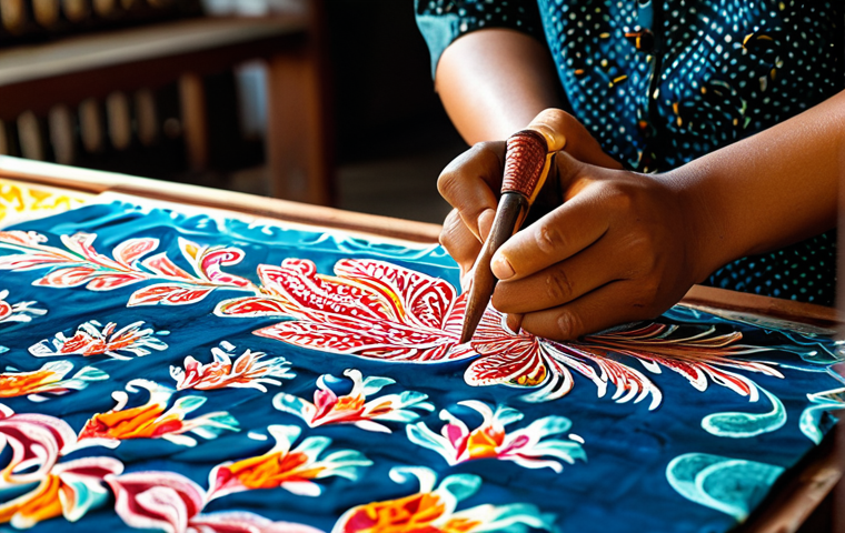 A Malaysian batik artist, wearing traditional, modest clothing, meticulously hand-drawing intricate wax patterns onto a piece of vibrant fabric within a sunlit, traditional workshop. The scene showcases the delicate artistry and rich cultural heritage, with various colored dyes and unfinished batik cloths in the background. The focus is on the artist's skilled hands and the detailed patterns. safe for work, appropriate content, fully clothed, professional, perfect anatomy, correct proportions, natural pose, well-formed hands, proper finger count, natural body proportions, high-quality photography, intricate details, vibrant colors.
